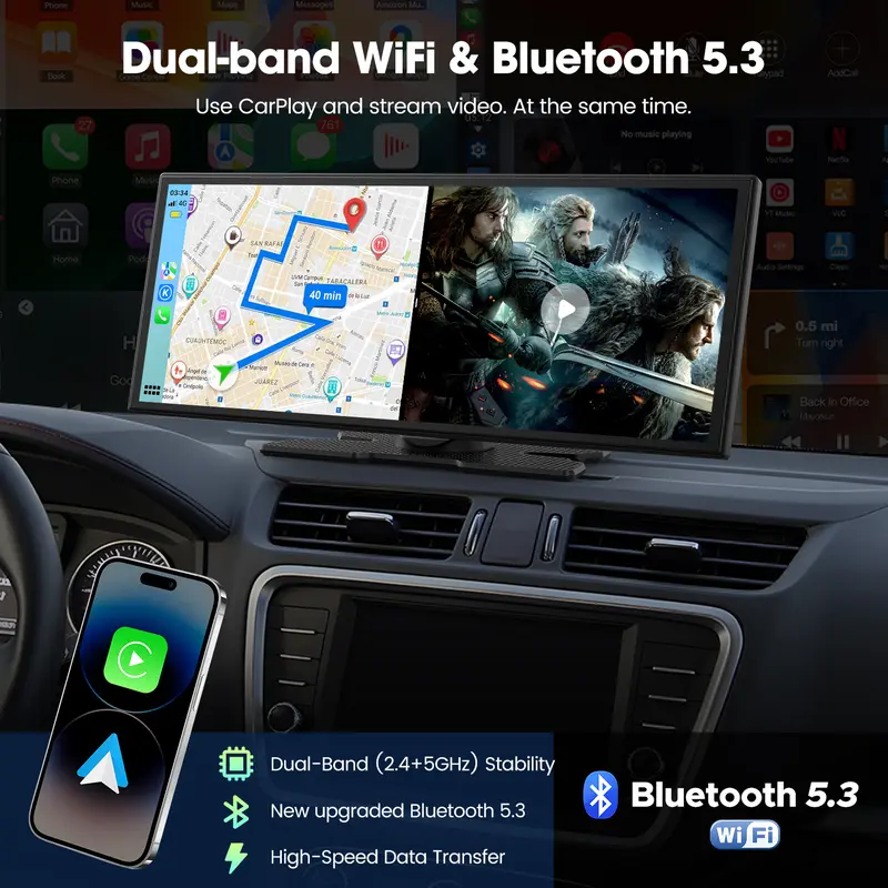 Pantalla LAMTTO de 10,25 pulgadas con CarPlay inalámbrico: compatible con aplicaciones como TikTok, Netflix y YouTube, uso de aplicaciones en pantalla dividida, cámara de visión trasera, navegación y asistente de voz. Compatible con iOS 10+ y Android 11+.