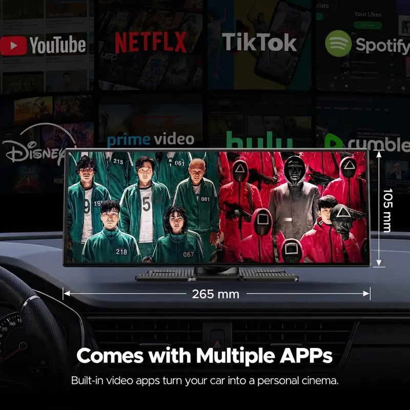 Pantalla grande LAMTTO de 10,25" con CarPlay inalámbrico: mira YouTube, Netflix o TikTok al estar aparcado; conexión automática; compatible con iPhone 8–16+ y Android 11+; mejora para cualquier coche.