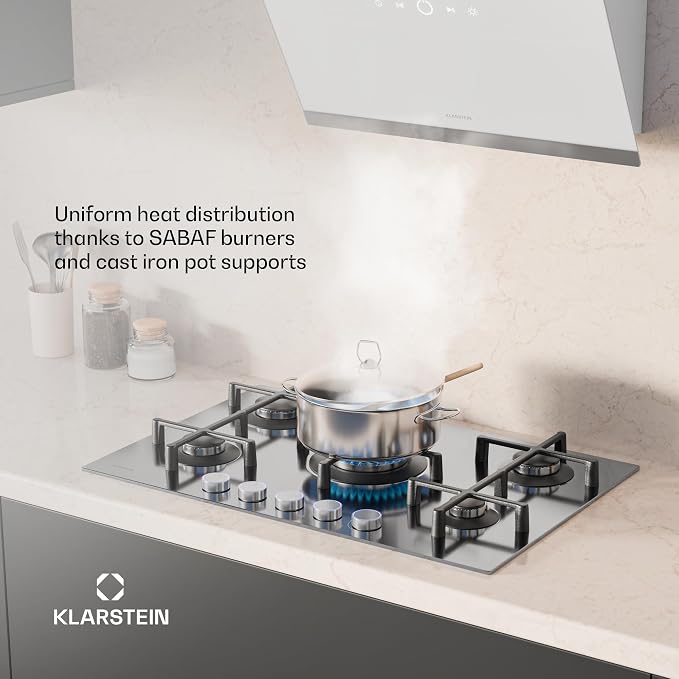Placa de gas Klarstein Illuminosa 5: cocina de 5 fuegos, quemador para wok de 4 kW, encendido eléctrico, sistema de seguridad por corte de llama, soportes de hierro fundido, acero inoxidable, cocción eficiente y ecológica.