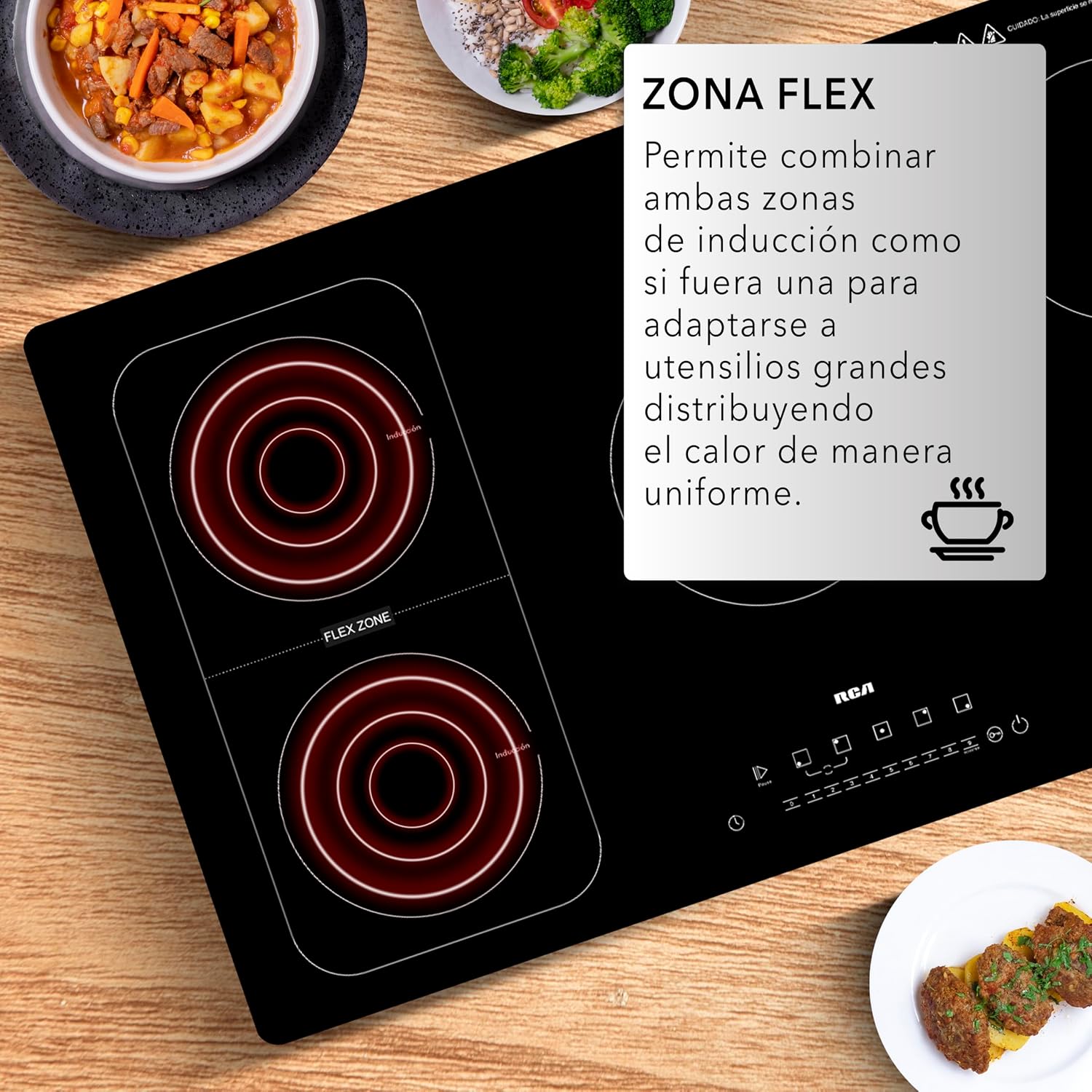 RCA Parrilla de Inducción Empotrable RC-12A15 de 5 Quemadores Vidrio Templado, Control Táctil, Temporizador 9 Niveles, Temperatura Zona Flex, Seguridad con Bloqueo Touch, Sistema Antiderrapante.