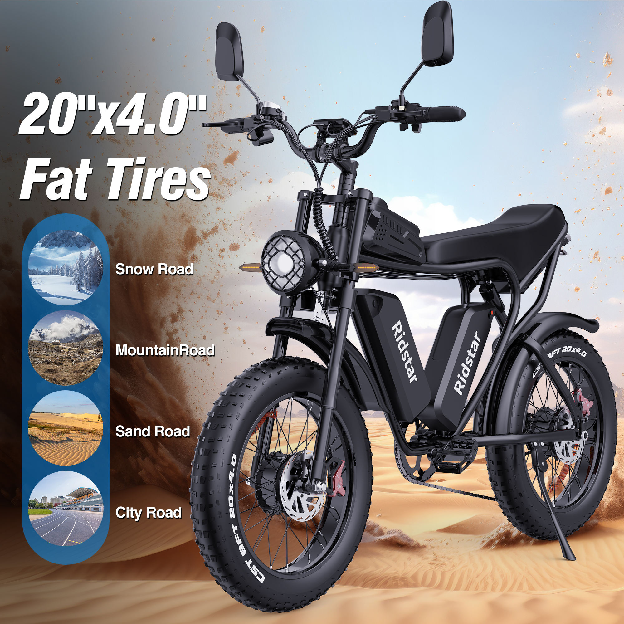 Bicicleta Elétrica de Montanha Ridstar Q20 Pro com Pneu Gordo e Motor Duplo 20 Polegadas E-Bike 52V 40AH Bateria Dupla para Adultos