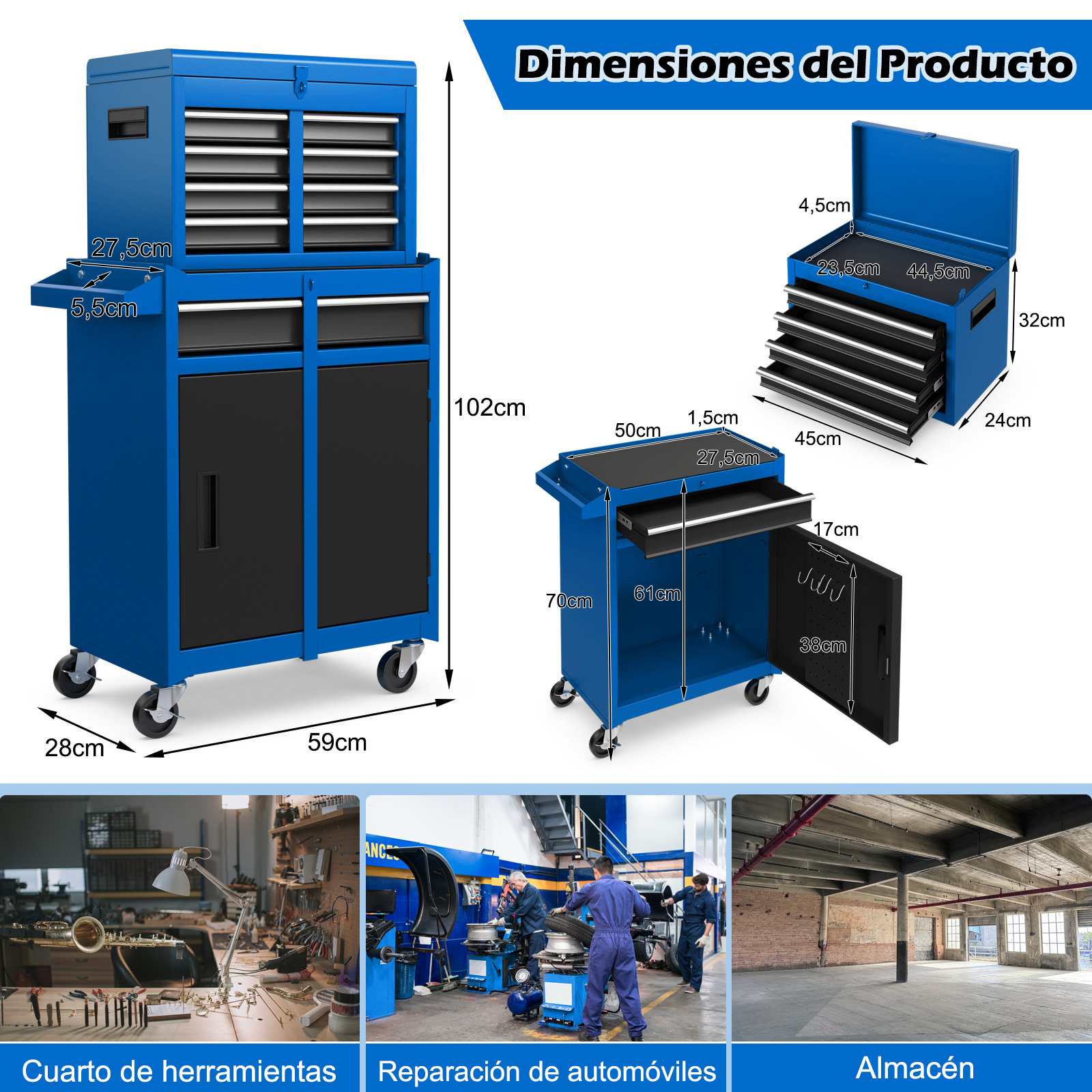 Caja para Herramientas Rodante de 5 Cajones, Armario para Herramientas de Gran Capacidad con Ruedas Bloqueables, Estante Ajustable y Forro Antideslizante, para Garaje Rojo y Negro
