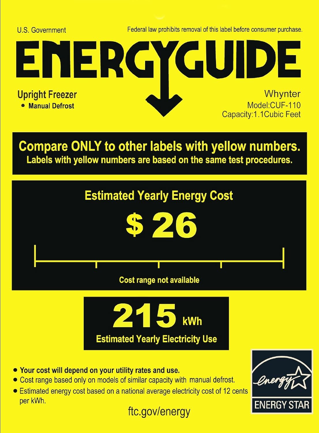 Whynter CUF-110B Energy Star Congelador vertical de 1.1 pies cúbicos con cerradura, negro