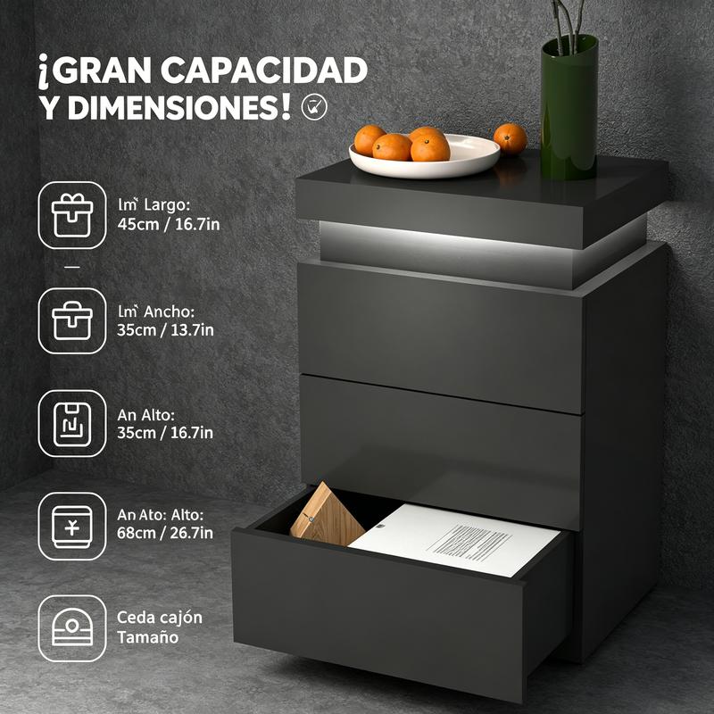 Mesita de Noche Inteligente con Luz LED Ajustable, 3 Cajones, Tapa Deslizante, Puertos USB y Tomas de Corriente, 45x35x68cm, Estación de Carga para Recámara, Negro