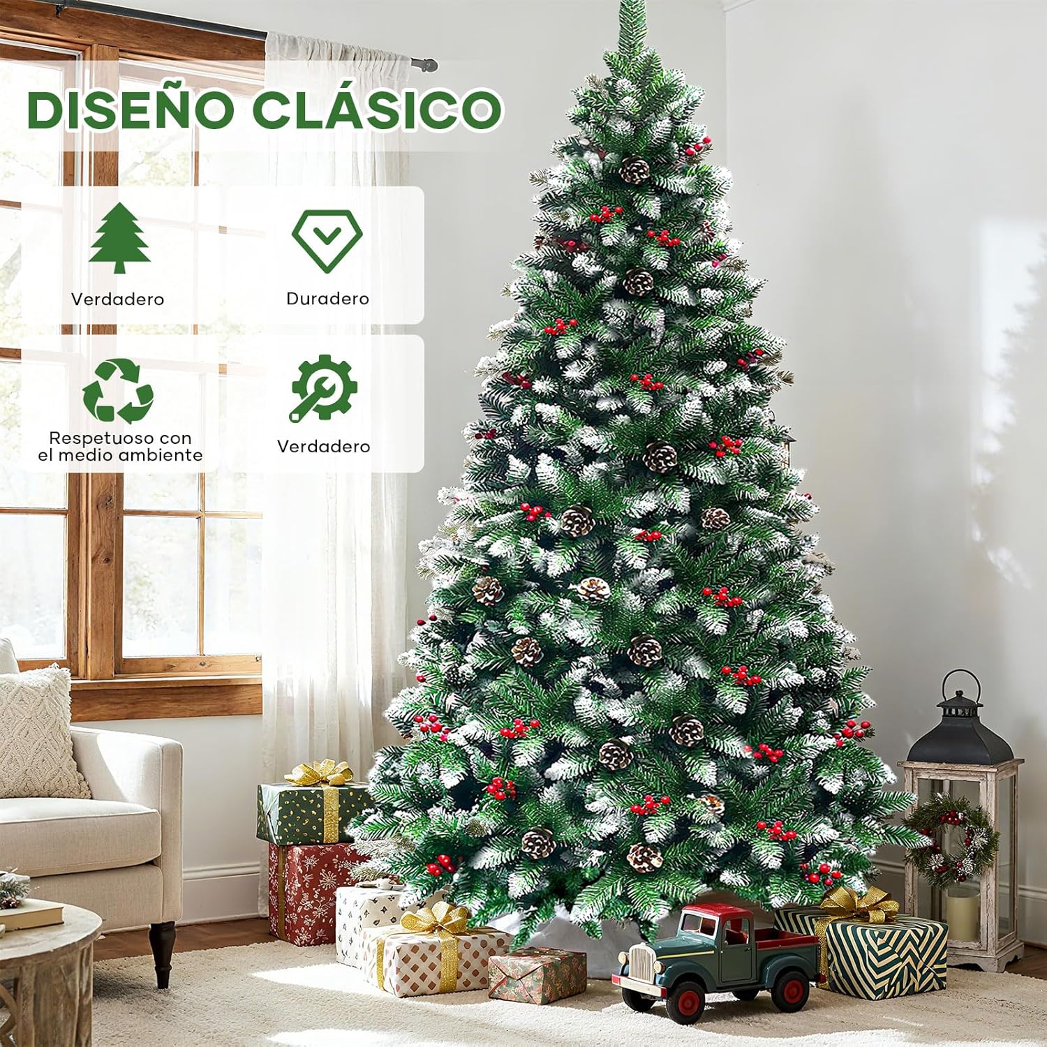 2.1M Árbol de Navidad Nevado, 1200 PVC Ramas, Árbol de Navidad Artificial con Bayas Rojas y Piñas, Soporte de Metal, Decoraciones Navideñas para Uso Interior y Exterior