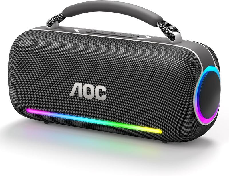 AOC ACS6311 Bocina Bluetooth Portatil 80W, Varias Luces RGB, Bluetooth 5.3 Altavoz Inalámbrico, Sonido Estéreo HD, 4000Mah Tiempo de Espera Ultralargo IPX5 función, Ideal para Viajar, Campear, Negro