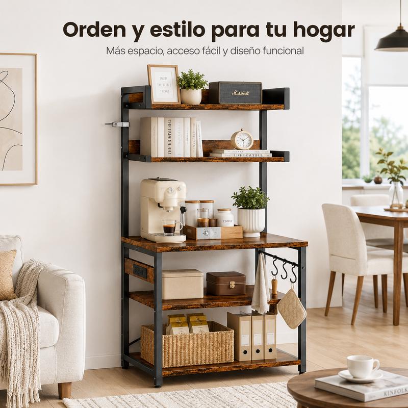 Estante Organizador Para Cocina De 5 Niveles Con Enchufes Estante De Microondas, Mueble para Microondas , Estante Para Cocina De 5 Niveles, Organizador de Cocina Con Enchufes , Mueble Multiusos de Cocina con 3 Ganchos