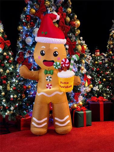 2.4m Inflable Navidad Hombre Jengibre Navideño Decoraciones— Incluye luces LED y ventilador integrados; apto para decoración de fiestas y uso en el jardín.
