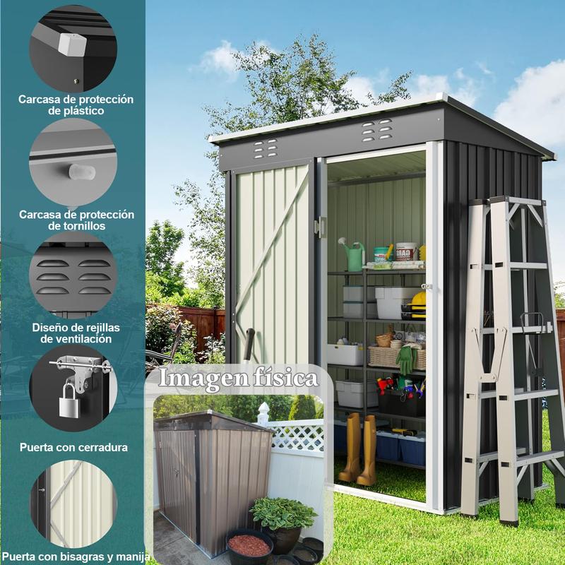 Zocalo Cobertizo de Almacenamiento para Exteriores 162x95x181cm Cobertizo con Rejillas de Ventilación y Cerradura, Casa de Almacenamiento de Metal Impermeable, Almacen para Patio Trasero, Jardín