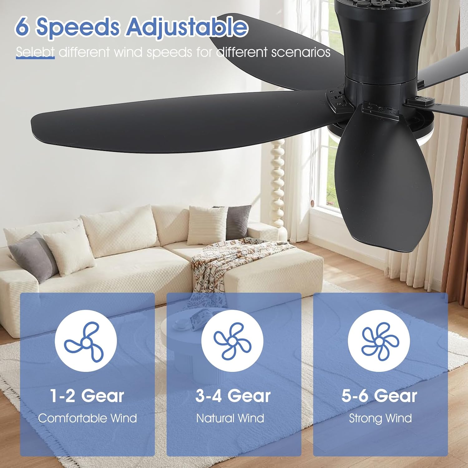 Ventiladores de techo de 42" con luz - Ventilador de techo de perfil bajo con luz y control remoto, montaje empotrado, reversible DC, LED regulable, color negro. Ventiladores de techo para dormitorio, uso en interiores y exteriores/patio.