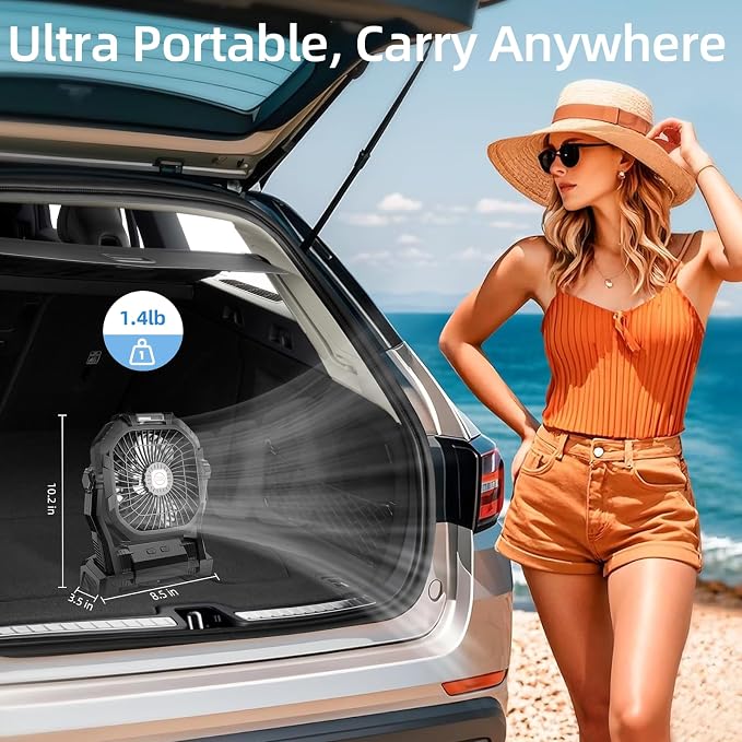 Ventilador recargable para camping, portátil y alimentado por batería de 20.000 mAh, con luz LED y gancho; cuenta con 4 velocidades y cabezal ajustable 270°. Ideal para tiendas de campaña, viajes, coche, uso en interiores y exteriores, barbacoas, pesca y 