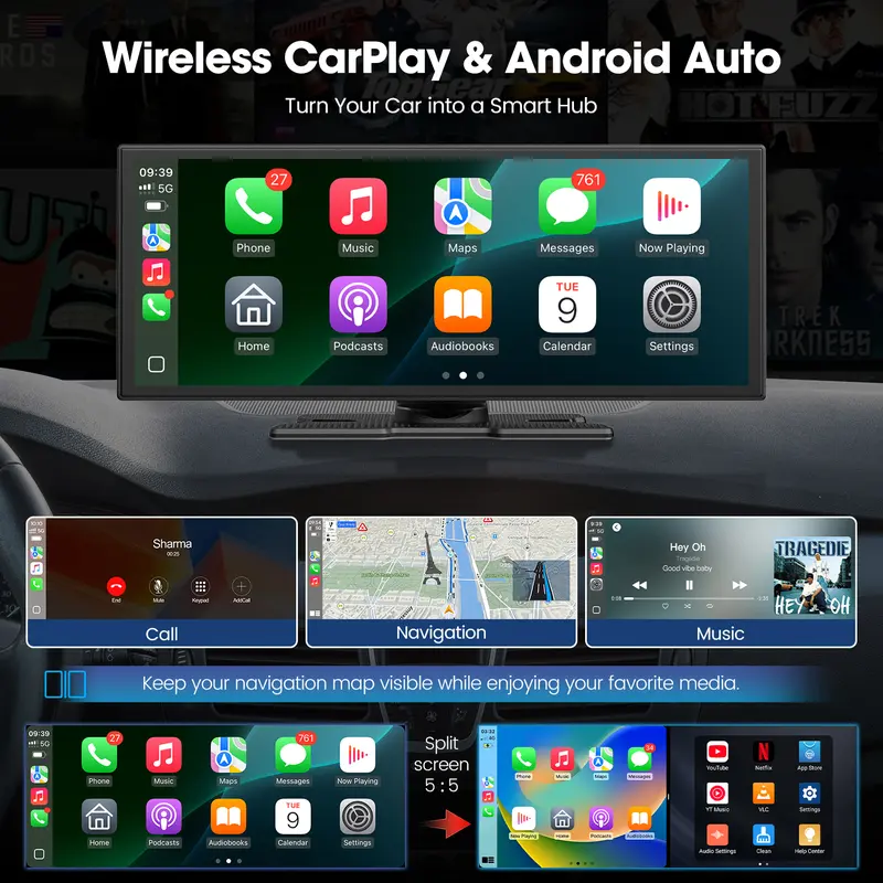 Pantalla LAMTTO de 10,25 pulgadas con CarPlay inalámbrico: compatible con aplicaciones como TikTok, Netflix y YouTube, uso de aplicaciones en pantalla dividida, cámara de visión trasera, navegación y asistente de voz. Compatible con iOS 10+ y Android 11+.