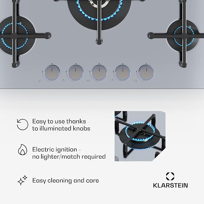 Placa de gas Klarstein Illuminosa 5: cocina de 5 fuegos, quemador para wok de 4 kW, encendido eléctrico, sistema de seguridad por corte de llama, soportes de hierro fundido, acero inoxidable, cocción eficiente y ecológica.