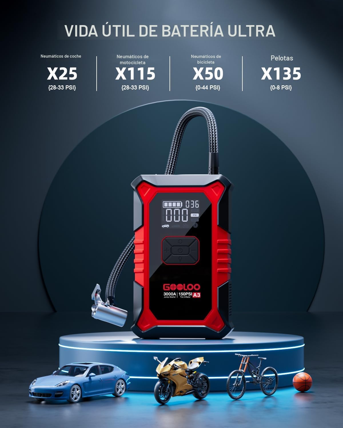 Arrancador portátil GOOLOO A3 de 12 V y 3000 A con compresor de aire