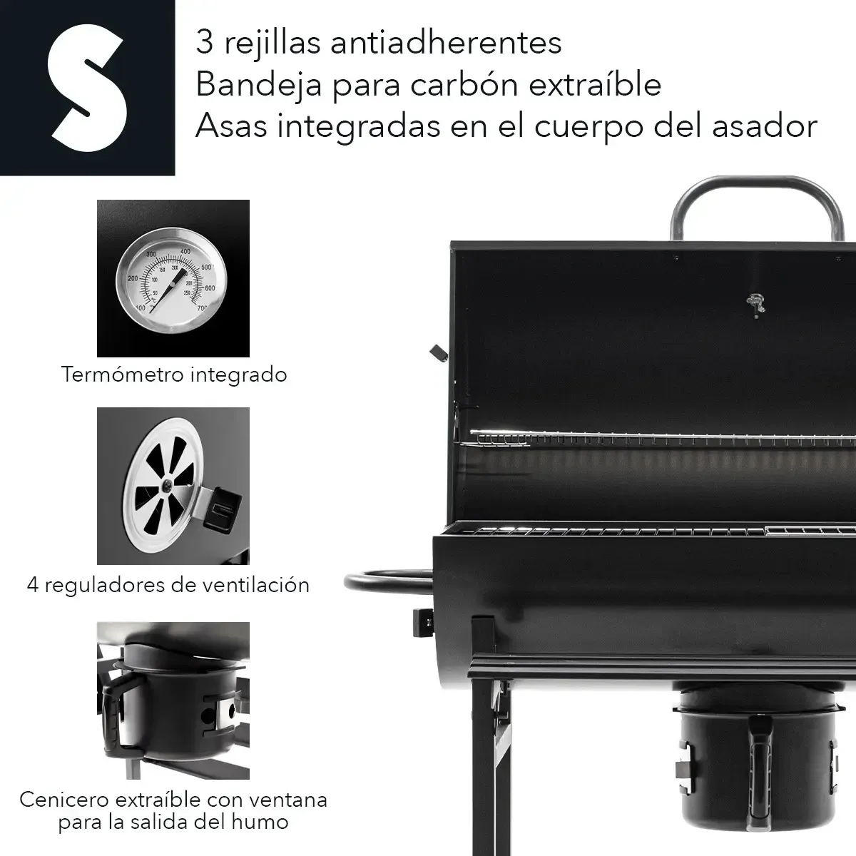 Parrilla Asador De Carbón Tipo Barril Con Ruedas Acero Inox Negro