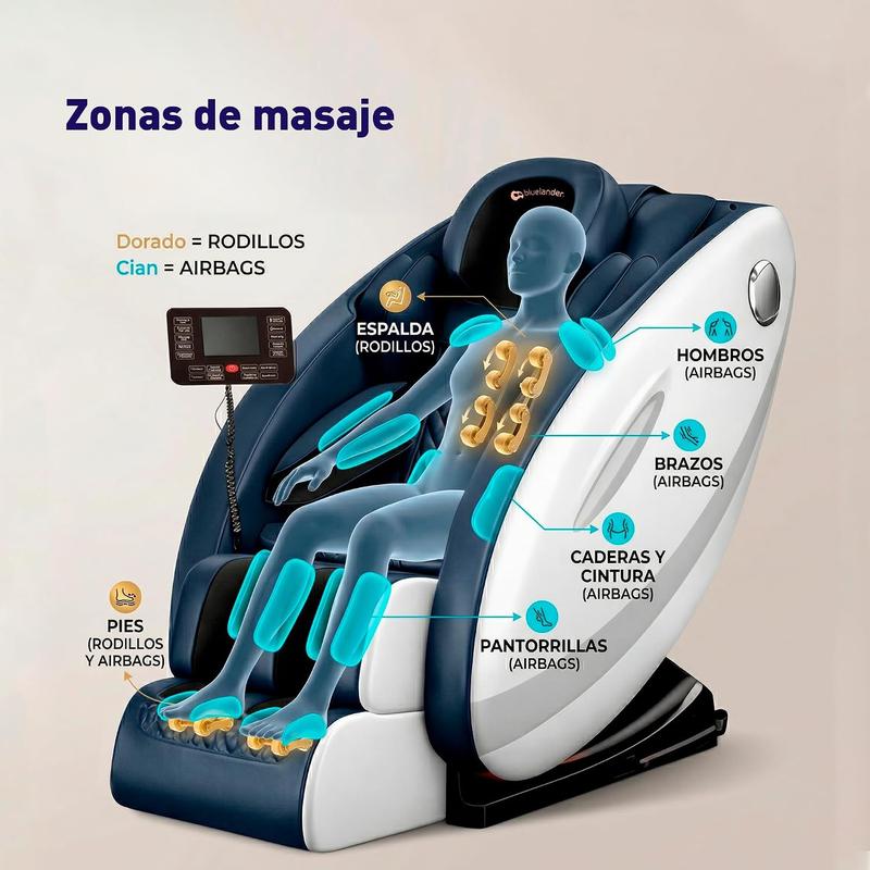 Bluelander Sillón de Masaje 8D Gravedad Cero 98*74*130 cm, Terapia de Calor, Control Remoto, Bocinas Bluetooth, Masaje Profesional, Azul, Programas Automáticos, Airbags, Elongación Corporal
