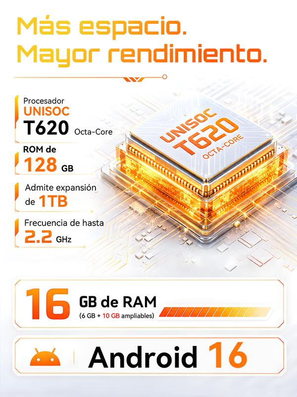 Cubot A50 Teléfono Inteligente Android 16" FHD 16GB RAM 128GB Almacenamiento 5000mAh Batería 48MP Cámara NFC Desbloqueo Facial Huella Lateral Doble SIM GPS Cuatro Satélites