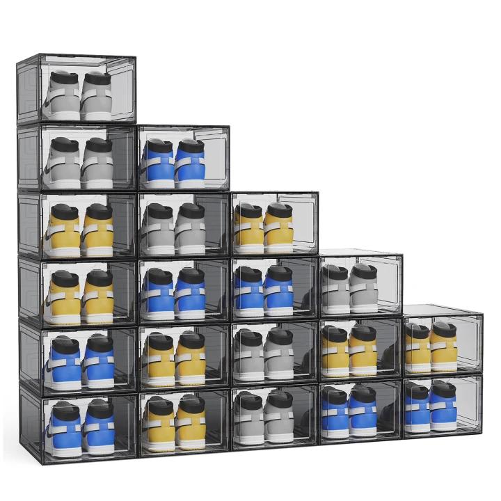 15 o 20 Cajas para Zapatos con Apertura Frontal, Organizador Modular Apilable para Tenis y Calzado, Contenedores Transparentes o Negro Ahumado para Clóset, Recámara y Hogar