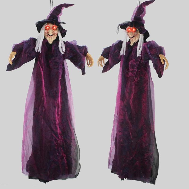 Marca Sound Activated Glowing Hanging Witch de Tamaño Real con Movimiento de Boca y Voz R2B7 Prop Animado de Halloween en Látex Natural 180cm