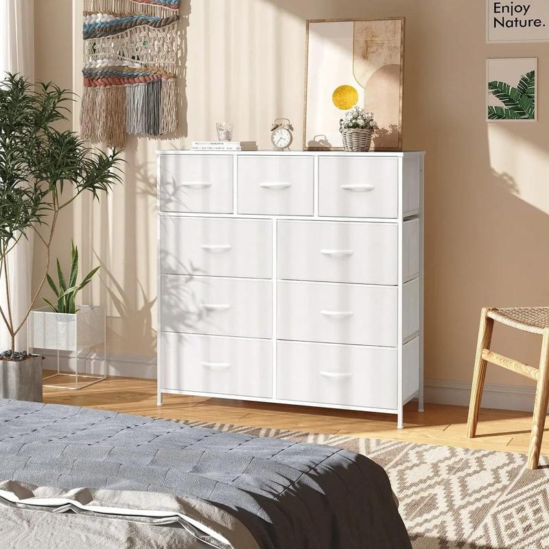 Cómoda Alta de 9 Cajones para Recámara y Closet, Mueble Organizador de Ropa y Juguetero para Bebé, Cajonera de Tela con Estante de Madera, Torre de Almacenamiento Vertical (Blanco)