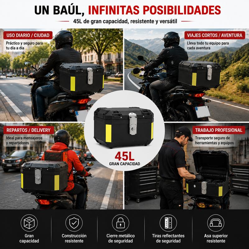 Baúl Trasero para Moto 45L/57L, Maleta de Equipaje Impermeable de Gran Capacidad para Motocicleta, Caja Superior Resistente con Cerradura Metálica Antirrobo, Tiras Reflectantes de Seguridad, Diseño de Liberación Rápida para Viajes y Uso Diario