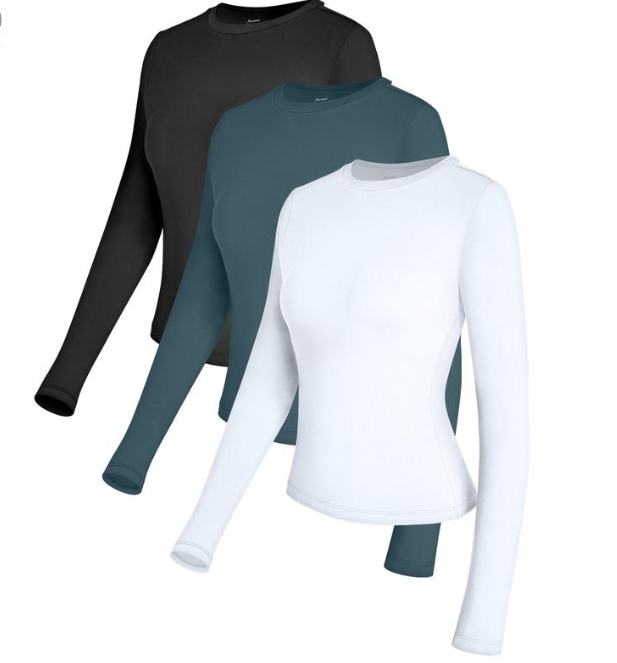 AUTOMET Women's 3-Piece Long Sleeve Basic Crop T-Shirts - Slim Fit, Soft Polyester Fabric, Round Neck, Simple Style, Fall Fashion, Going Out Tops, Y2K Underscrubs Layer, Haze Blue/White/Black Womenswear Blouses & Shirts,summervibes