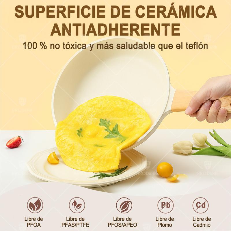 BRODARK Juego de 15 piezas de ollas y sartenes, con sartenes antiadherentes de cerámica en blanco y negro, compatible con placas de inducción, con manijas con impresión de madera, tapas de vidrio, incluye una cazuela de caldo y un sartén, y apto para horn