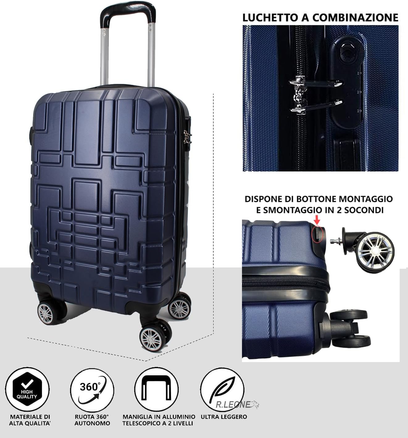 Maleta R.Leone EasyJet, 45 x 36 x 20 cm, ABS, 4 ruedas autónomas (Azul, Maleta 611 50 x 33 x 20 cm)