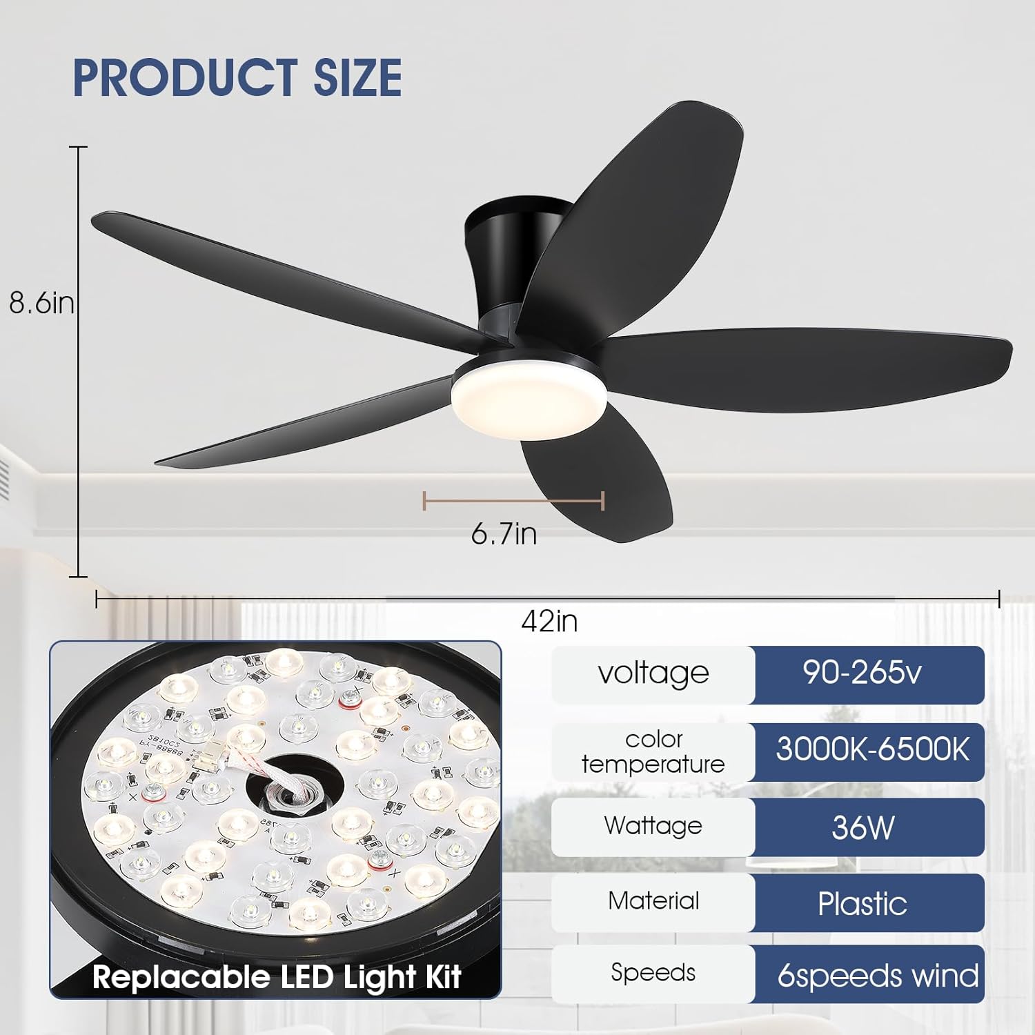 Ventiladores de techo de 42" con luz - Ventilador de techo de perfil bajo con luz y control remoto, montaje empotrado, reversible DC, LED regulable, color negro. Ventiladores de techo para dormitorio, uso en interiores y exteriores/patio.