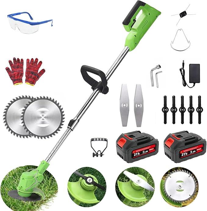 Desbrozadora Inalámbrica 21V – Dile Adiós a la Maleza en tu Jardín – Corta Césped, Hierba y Ramas – 2 Baterías de 3000mAh – 45 min de Autonomía – Ajustable 94-130cm – Cabezal 90° + Mango 360° – Regalo Perfecto para Papá o Jardineros – Verde o Negro