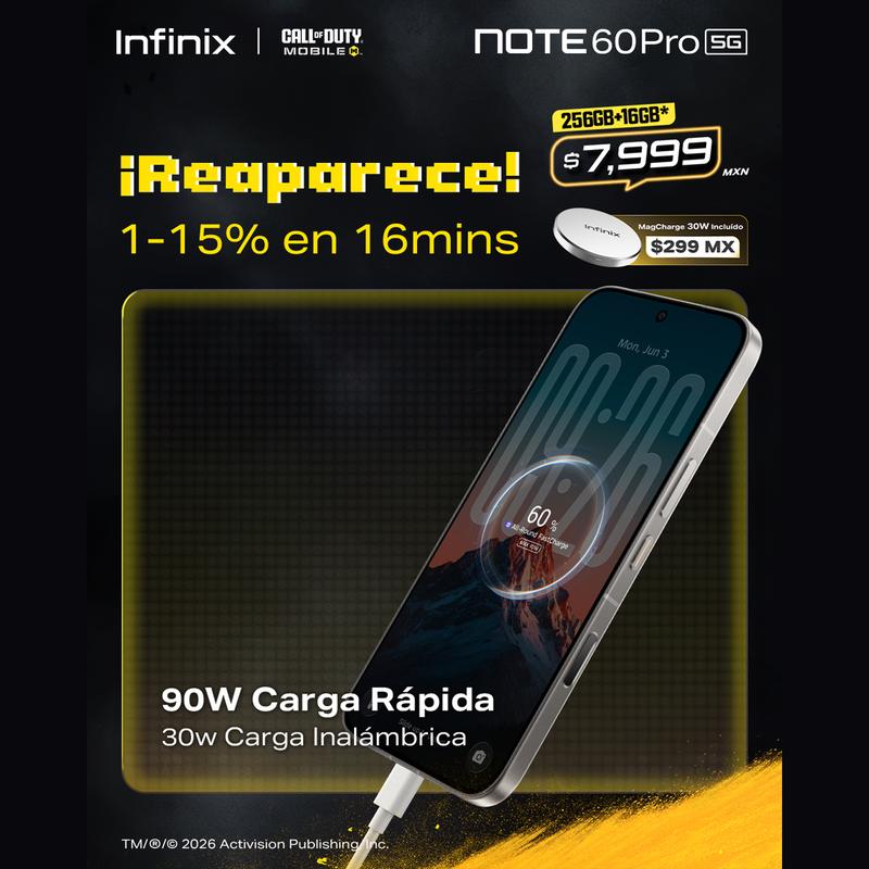 Infinix Note 60 Pro 5G 12GB+12GB RAM 256GB | Pantalla AMOLED 6.78" 1.5K 144Hz | Snapdragon 7s Gen 4 | Batería 6000mAh Carga Rápida 90W | Cámara 50MP OIS | NFC | Dual SIM | Android 16