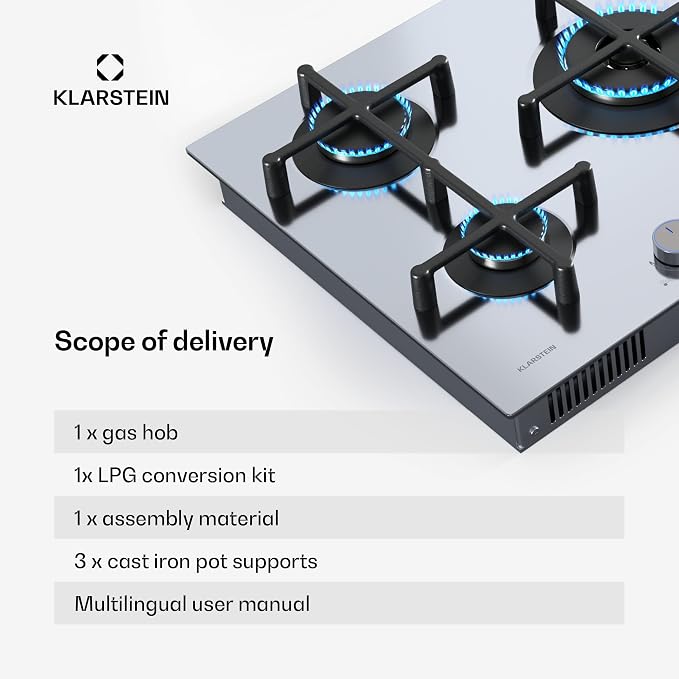 Placa de gas Klarstein Illuminosa 5: cocina de 5 fuegos, quemador para wok de 4 kW, encendido eléctrico, sistema de seguridad por corte de llama, soportes de hierro fundido, acero inoxidable, cocción eficiente y ecológica.