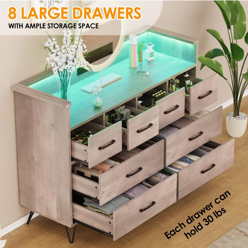 Amplio almacenaje y carga eficiente - Mueble recibidor con 8 cajones grandes y estación de carga - Luz LED RGB con control remoto - Madera resistente para dormitorio, salón o entrada - Color negro