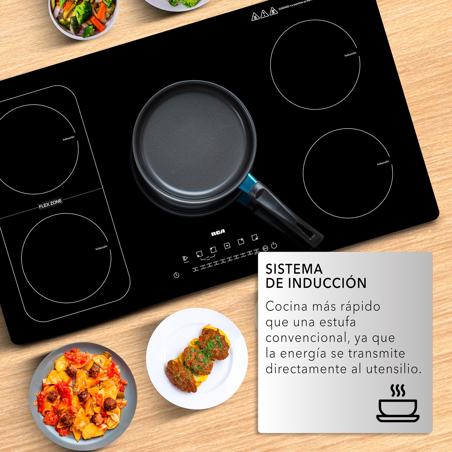 RCA Parrilla de Inducción Empotrable RC-12A15 de 5 Quemadores Vidrio Templado, Control Táctil, Temporizador 9 Niveles, Temperatura Zona Flex, Seguridad con Bloqueo Touch, Sistema Antiderrapante.