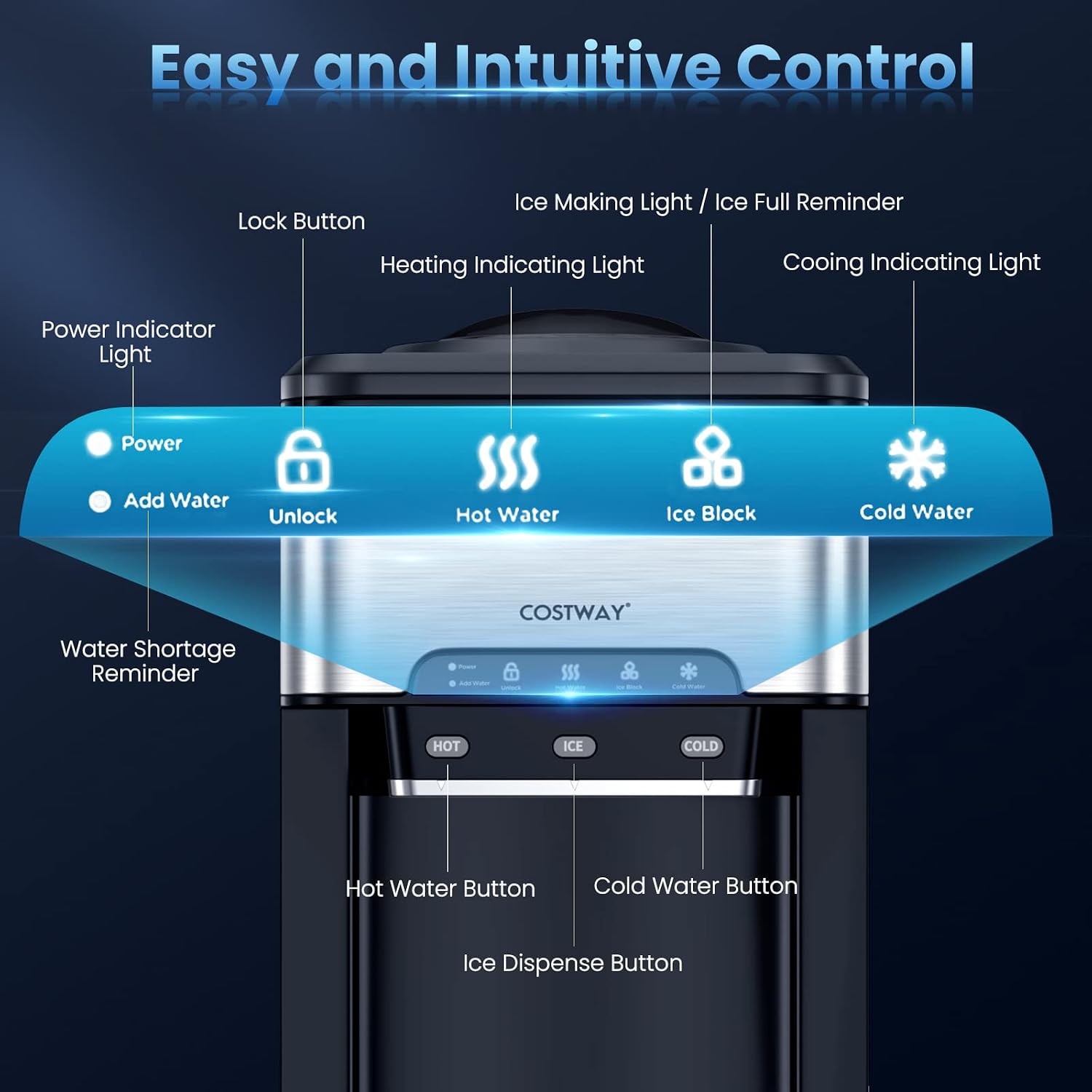 COSTWAY Dispensador de agua 3 en 1 con máquina de hielo, máquina enfriadora de agua caliente y fría de carga superior para el hogar, bloqueo de seguridad, capacidad para botella de 3 a 5 galones, 48 libras/24 horas, 12 cubitos de hielo, cesta de almacenam