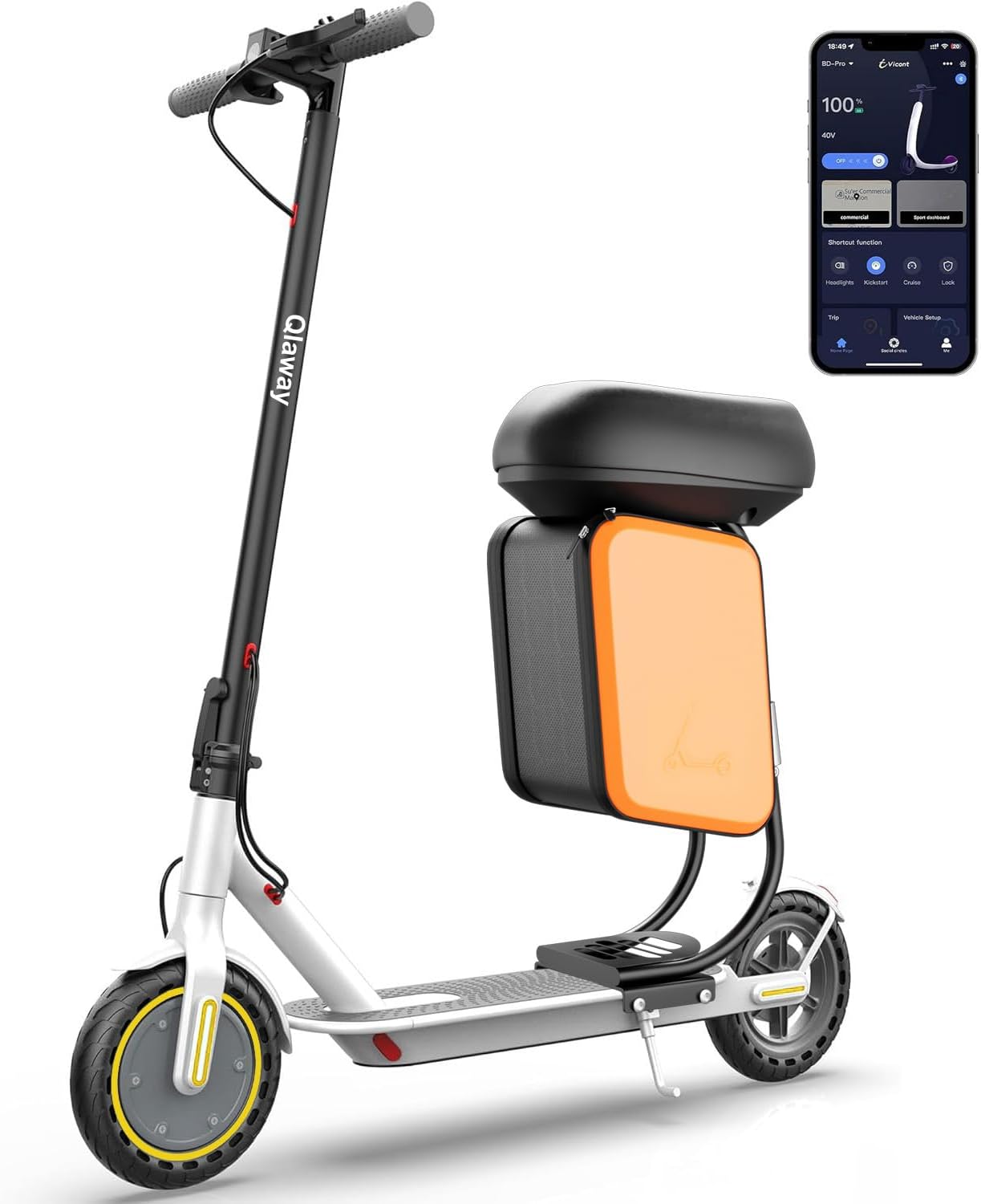 Scooter eléctrico Qlaway de 8,5 pulgadas para adultos: velocidad de 19/20 mph, motor de 350/500 W, batería de 187,2/288,6/444 Wh, autonomía de hasta 22 millas, diseño plegable, capacidad de carga de 265 libras y control por aplicación.