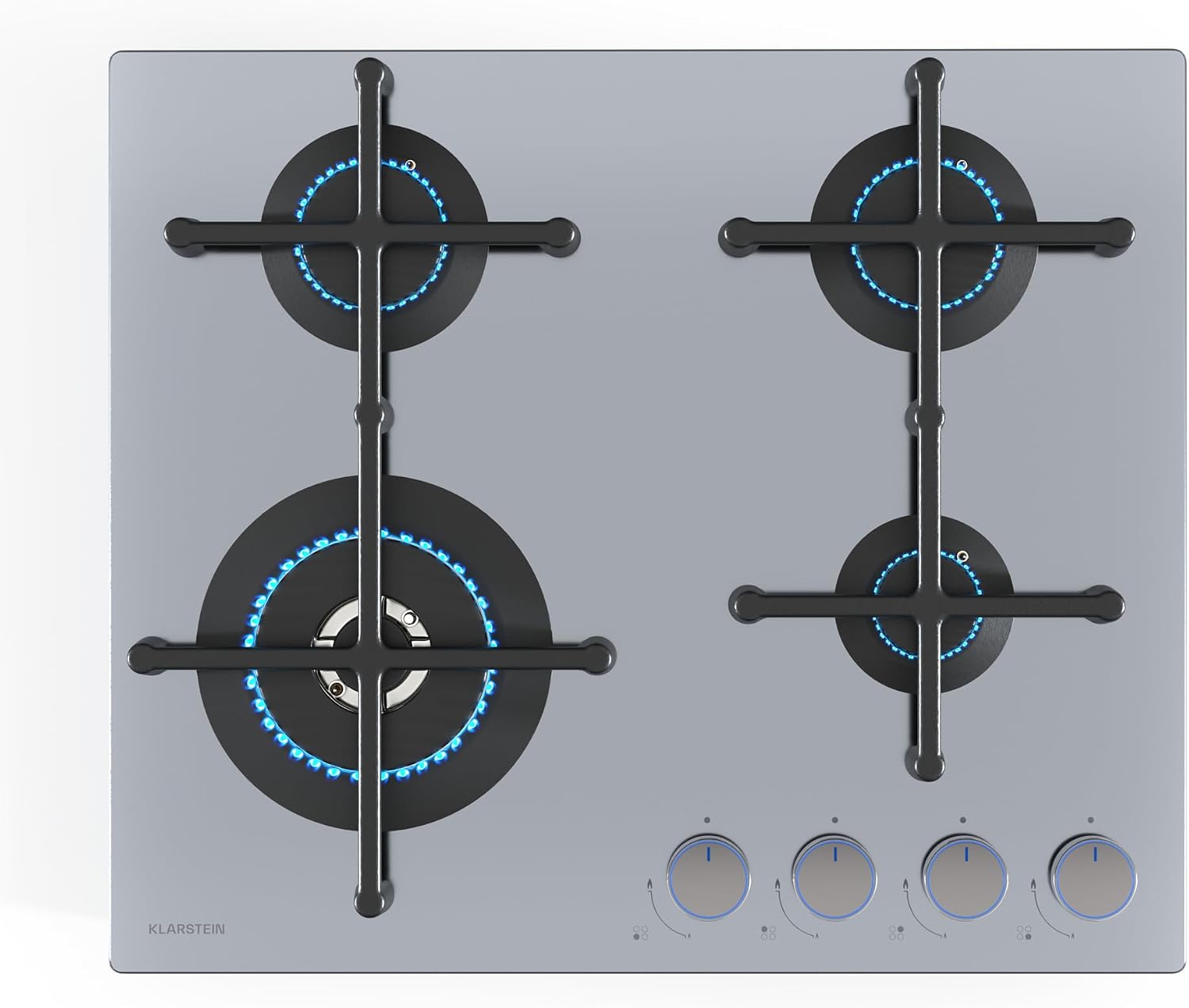Placa de gas Klarstein Illuminosa 5: cocina de 5 fuegos, quemador para wok de 4 kW, encendido eléctrico, sistema de seguridad por corte de llama, soportes de hierro fundido, acero inoxidable, cocción eficiente y ecológica.