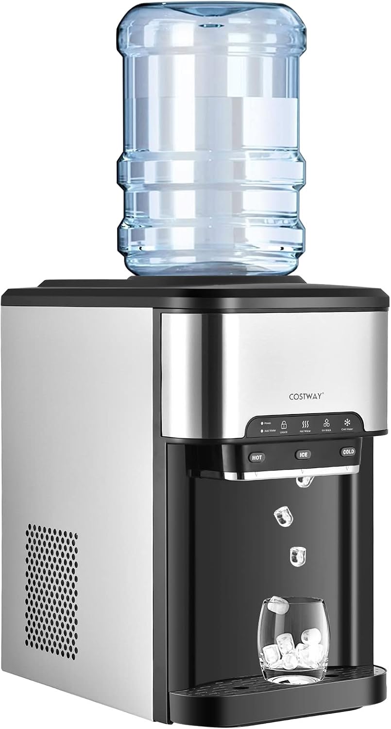 COSTWAY Dispensador de agua 3 en 1 con máquina de hielo, máquina enfriadora de agua caliente y fría de carga superior para el hogar, bloqueo de seguridad, capacidad para botella de 3 a 5 galones, 48 libras/24 horas, 12 cubitos de hielo, cesta de almacenam