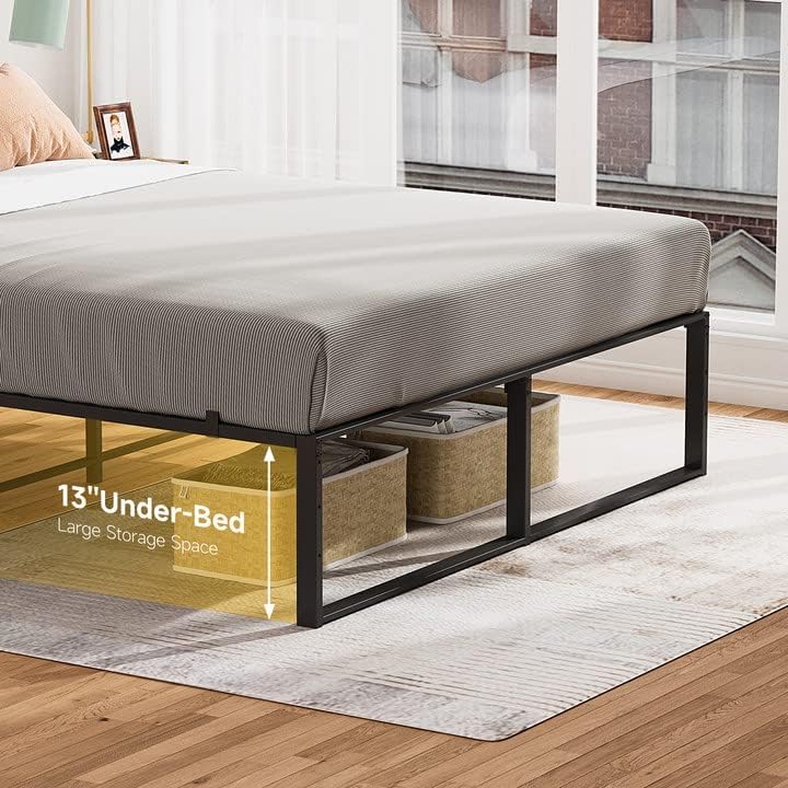 IDEALHOUSE - Estructura de cama de plataforma de metal tamaño Queen con resistentes láminas de acero; base para colchón (no requiere somier), amplio espacio de almacenamiento, fácil montaje, estable y silenciosa, color negro (Modelo: C80)