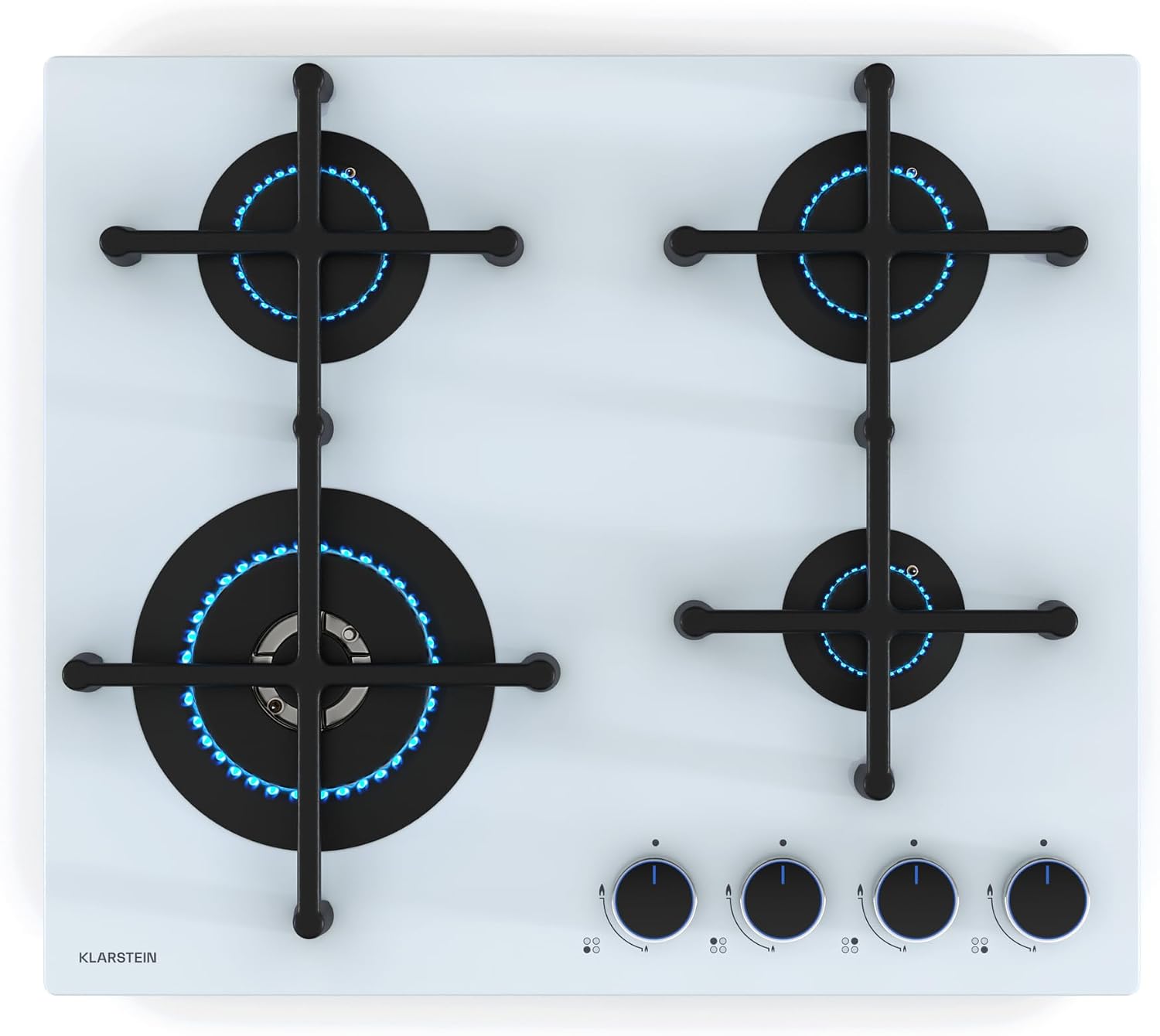 Placa de gas Klarstein Illuminosa 5: cocina de 5 fuegos, quemador para wok de 4 kW, encendido eléctrico, sistema de seguridad por corte de llama, soportes de hierro fundido, acero inoxidable, cocción eficiente y ecológica.
