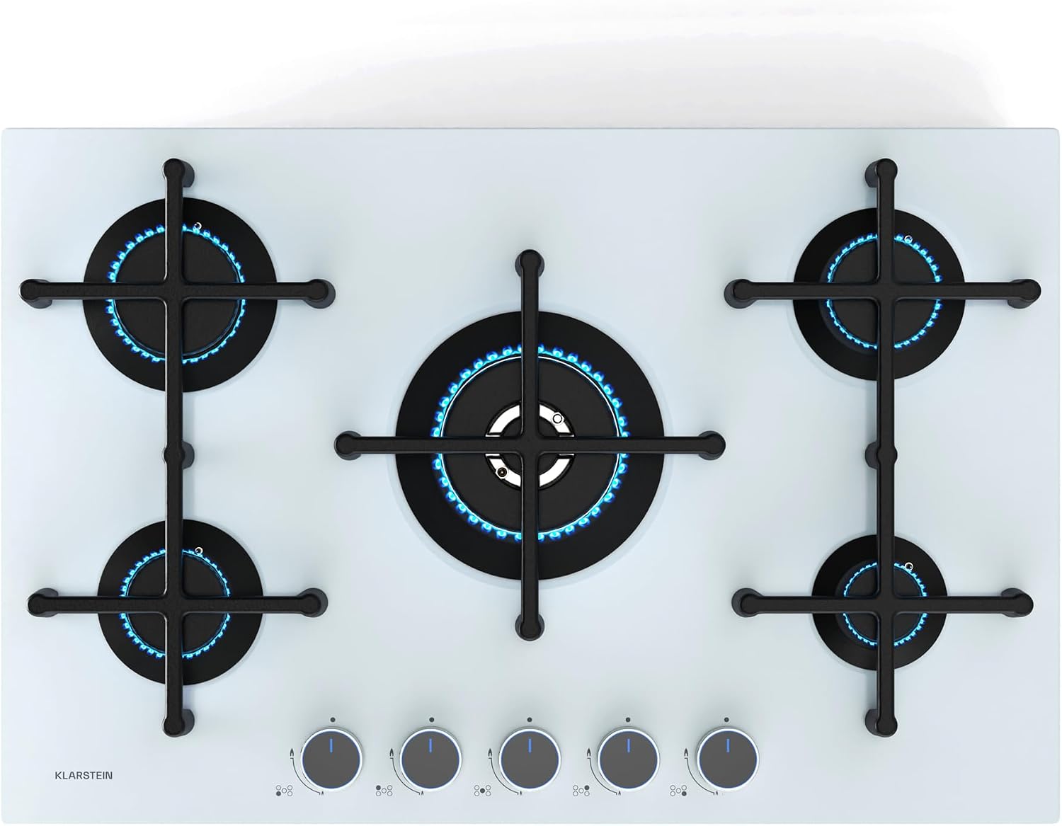 Placa de gas Klarstein Illuminosa 5: cocina de 5 fuegos, quemador para wok de 4 kW, encendido eléctrico, sistema de seguridad por corte de llama, soportes de hierro fundido, acero inoxidable, cocción eficiente y ecológica.