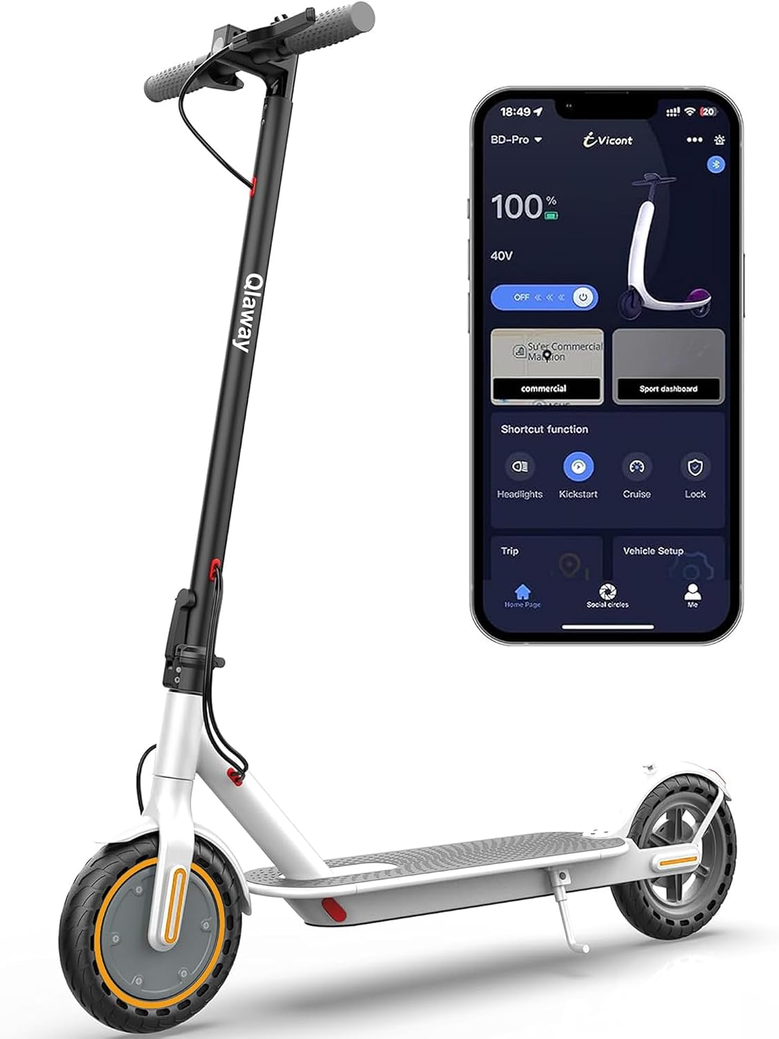 Scooter eléctrico Qlaway de 8,5 pulgadas para adultos: velocidad de 19/20 mph, motor de 350/500 W, batería de 187,2/288,6/444 Wh, autonomía de hasta 22 millas, diseño plegable, capacidad de carga de 265 libras y control por aplicación.