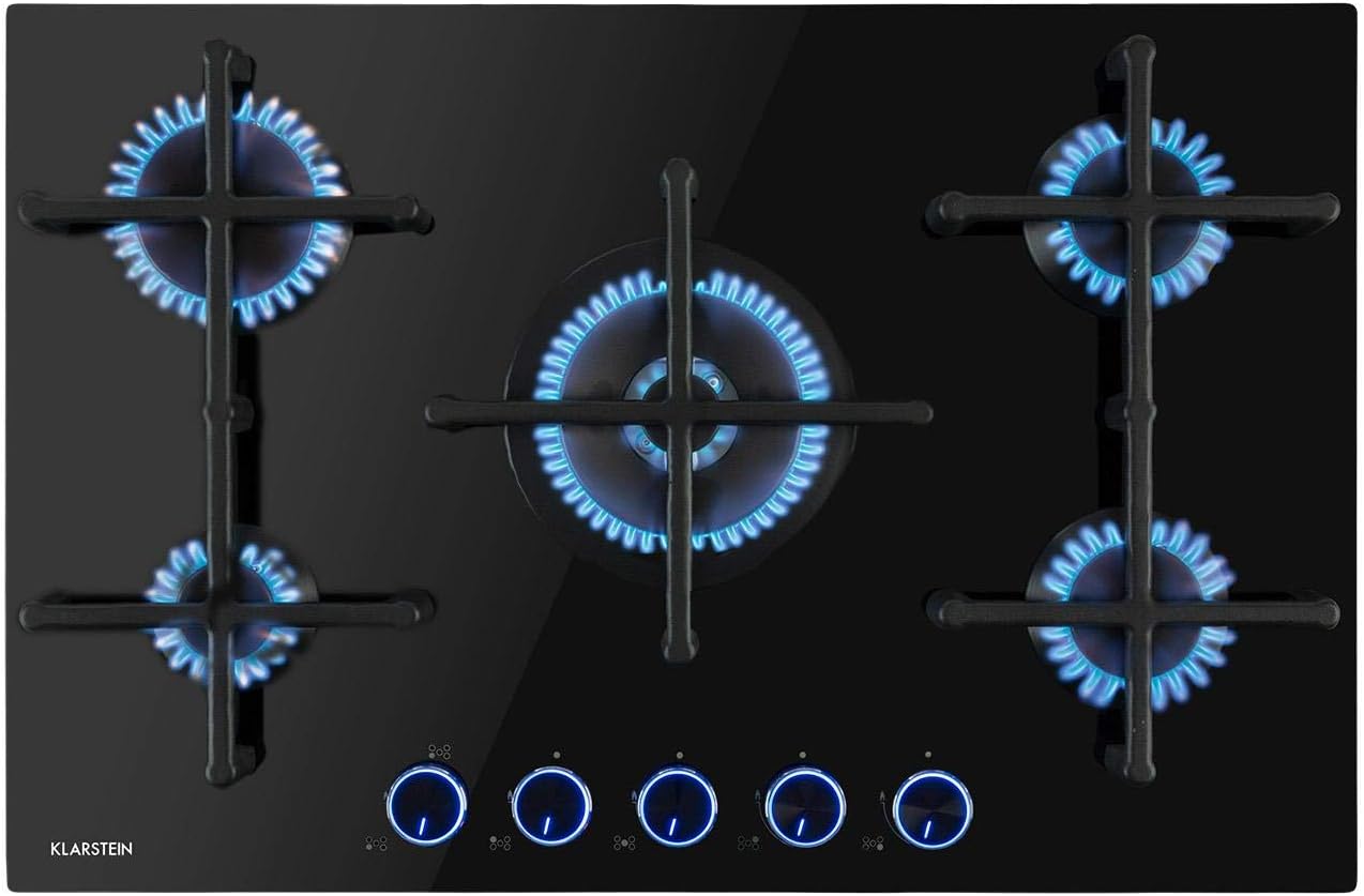 Placa de gas Klarstein Illuminosa 5: cocina de 5 fuegos, quemador para wok de 4 kW, encendido eléctrico, sistema de seguridad por corte de llama, soportes de hierro fundido, acero inoxidable, cocción eficiente y ecológica.