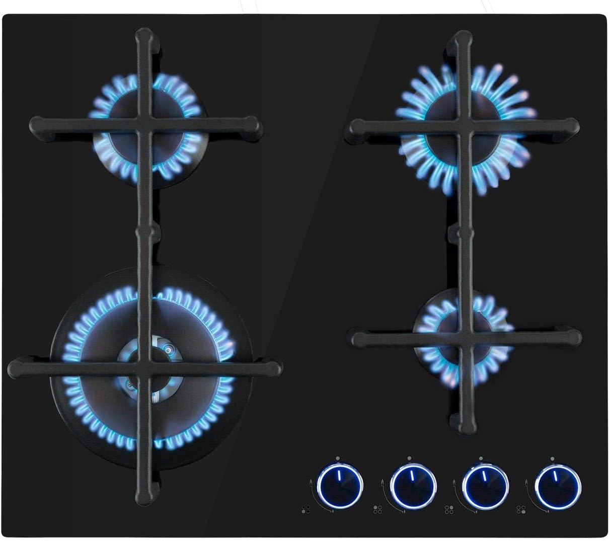 Placa de gas Klarstein Illuminosa 5: cocina de 5 fuegos, quemador para wok de 4 kW, encendido eléctrico, sistema de seguridad por corte de llama, soportes de hierro fundido, acero inoxidable, cocción eficiente y ecológica.