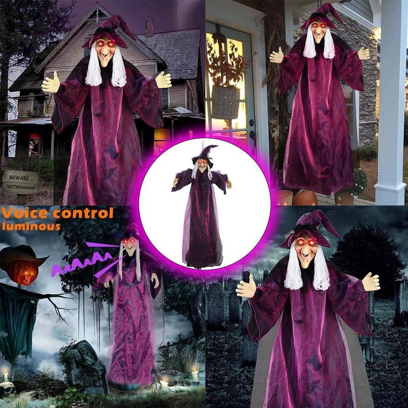 Marca Sound Activated Glowing Hanging Witch de Tamaño Real con Movimiento de Boca y Voz R2B7 Prop Animado de Halloween en Látex Natural 180cm