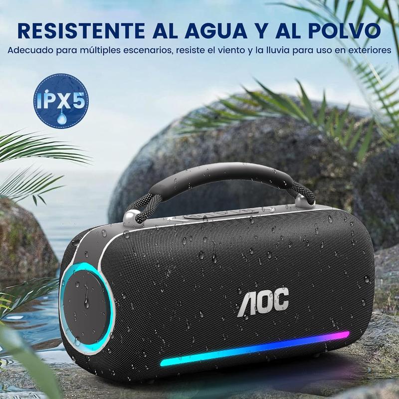AOC ACS6311 Bocina Bluetooth Portatil 80W, Varias Luces RGB, Bluetooth 5.3 Altavoz Inalámbrico, Sonido Estéreo HD, 4000Mah Tiempo de Espera Ultralargo IPX5 función, Ideal para Viajar, Campear, Negro