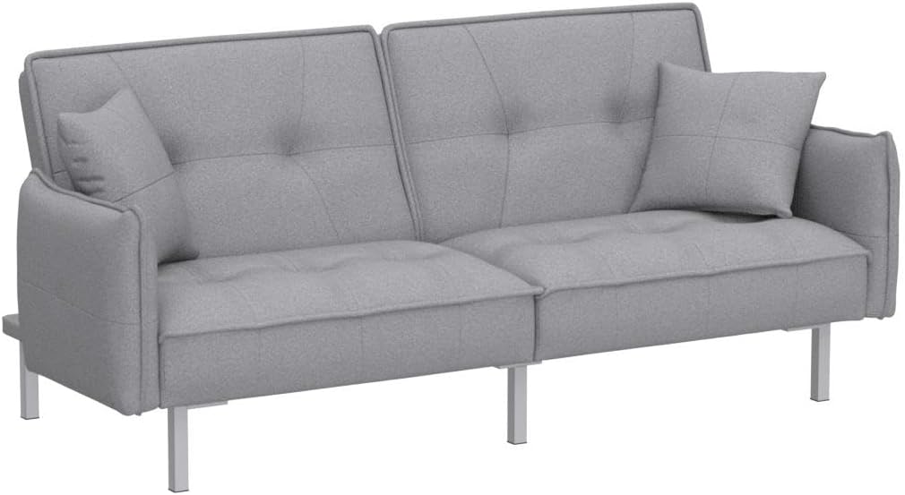 Yaheetech Sofá cama convertible moderno futón sofás, cama plegable y abajo, tela de lino reclinable para sala de estar, color gris