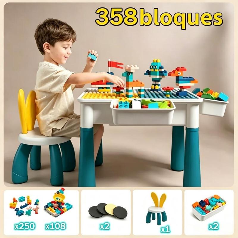 Esta mesa de bloques de construcción multifuncional y de gran tamaño es ideal para niños de 3 a 6 años e incluye 358 bloques y una silla infantil. Ayuda a desarrollar la imaginación, la coordinación y la capacidad de atención de los niños.