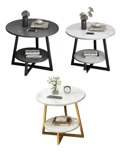 Mesa De Centro Auxiliar Minimalista Redonda Para Sala De Gri Marróny Negro