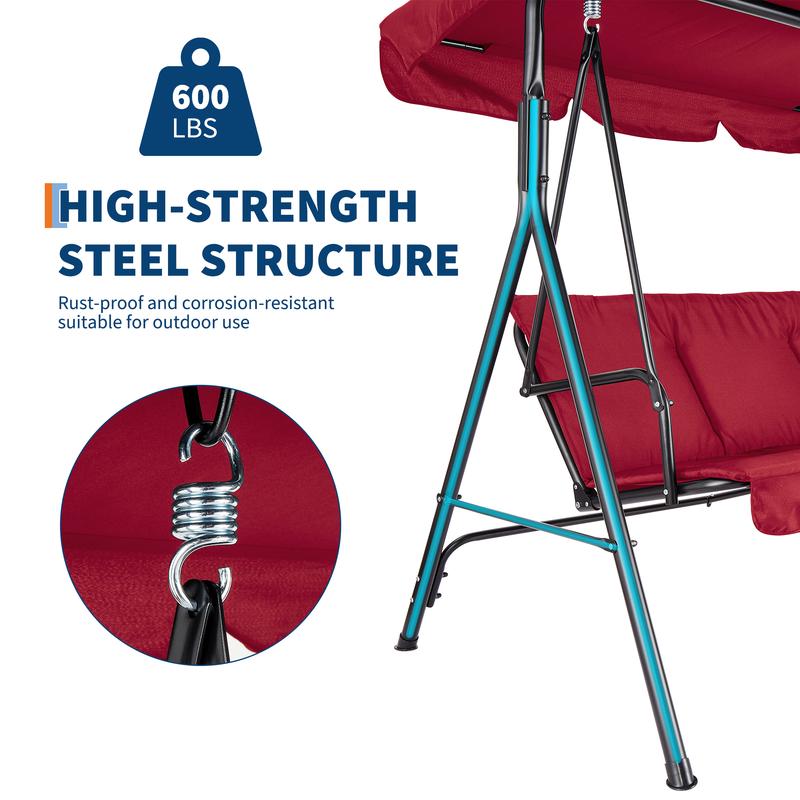 Columpio de jardín para 3 personas – Estructura de acero resistente – Cojines gruesos – Dosel ajustable – Ideal para patio, terraza, porche o piscina – Negro